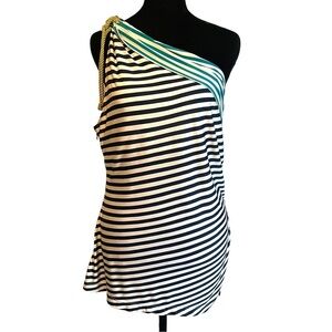 Etcetera Silk Blend One Shoulder Striped  Blouse Women's Size Large